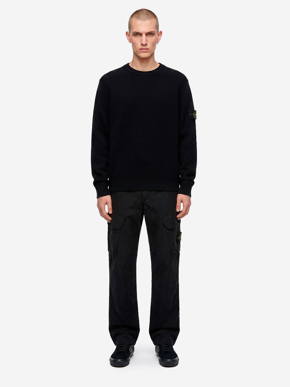 STONE ISLAND Maglione girocollo nero in lana con finiture a costine Nero Urbanstaroma