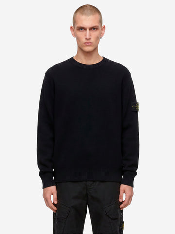 STONE ISLAND Maglione girocollo nero in lana con finiture a costine Nero