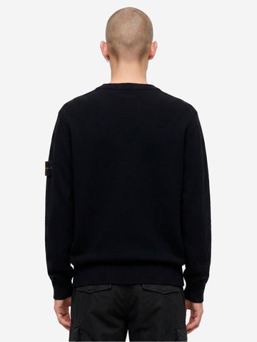 STONE ISLAND Maglione girocollo nero in lana con finiture a costine Nero