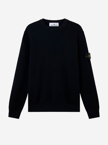 STONE ISLAND Maglione girocollo nero in lana con finiture a costine Nero