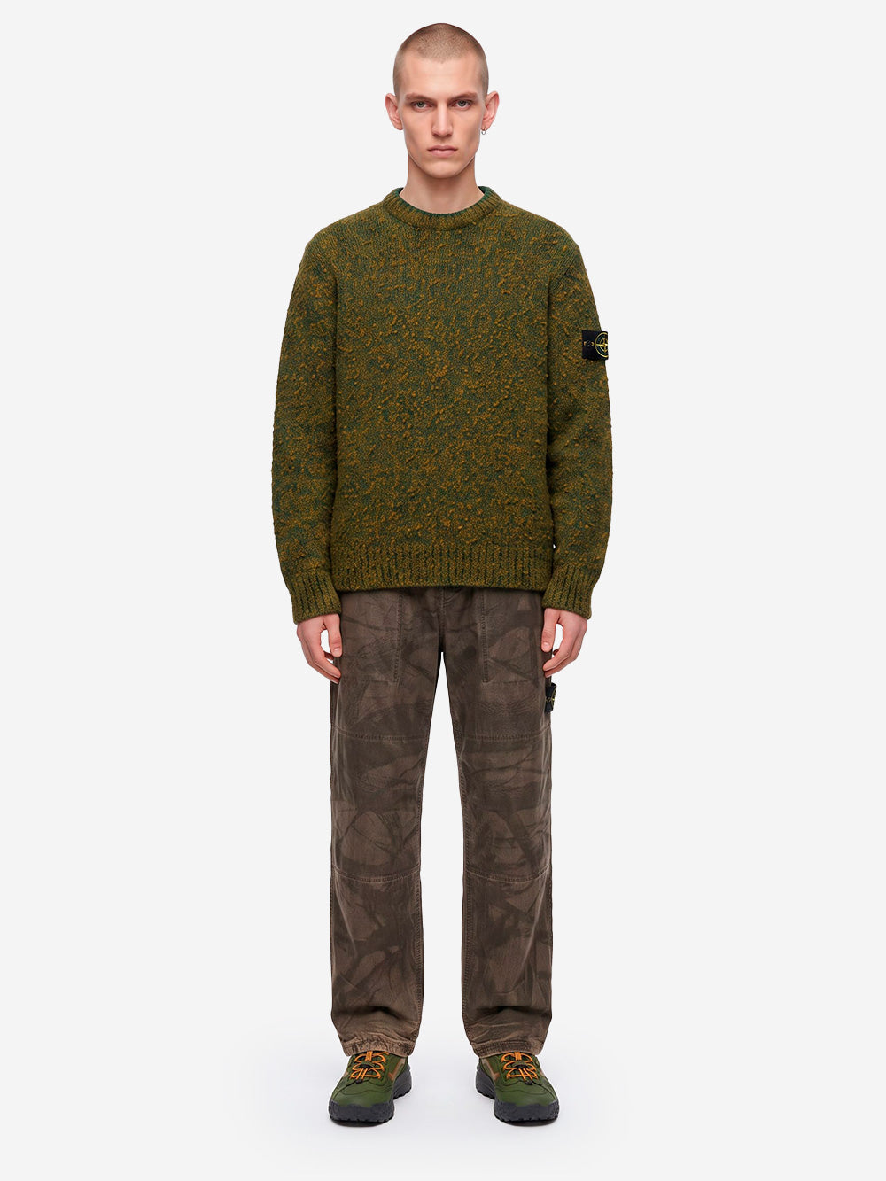 STONE ISLAND Maglione girocollo verde melange in misto lana con patch Verde Urbanstaroma