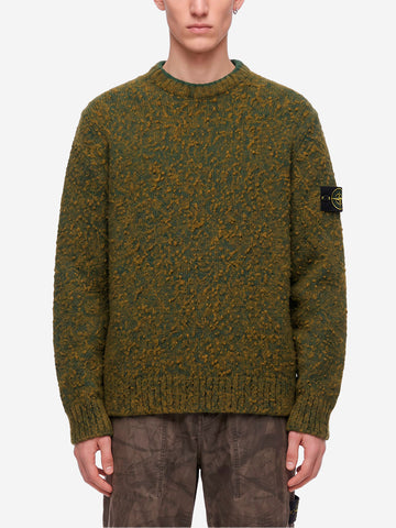 STONE ISLAND Maglione girocollo verde melange in misto lana con patch Verde