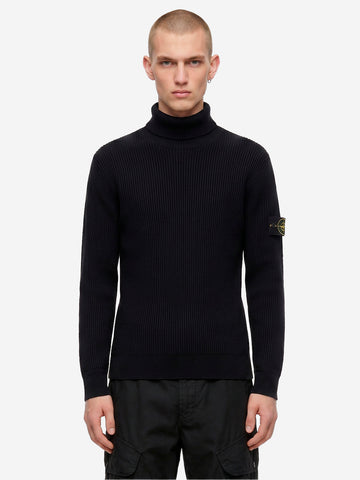 STONE ISLAND Maglione dolcevita nero in lana con costine sottili Nero