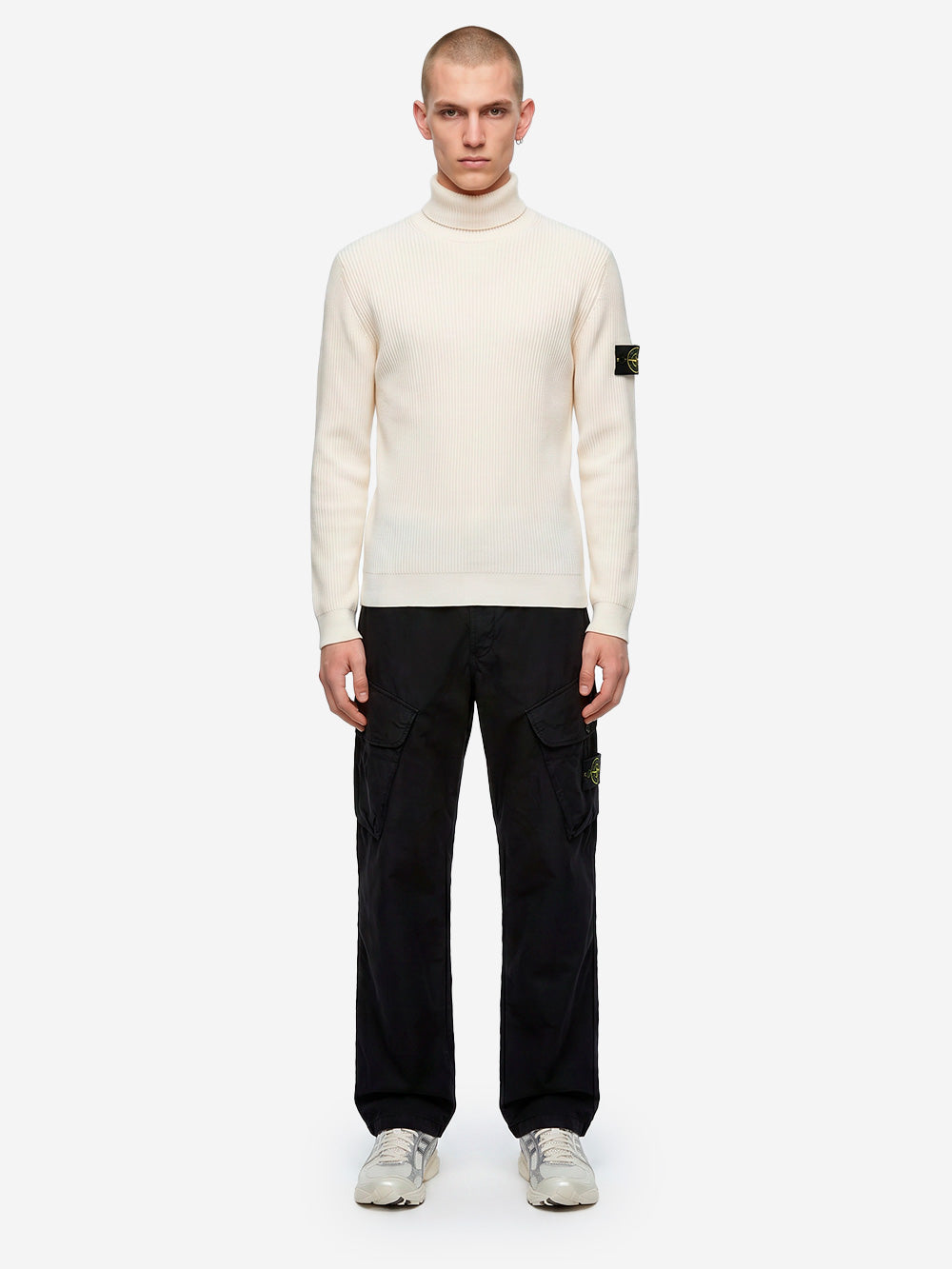 STONE ISLAND Maglione dolcevita avorio in lana con costine sottili Panna Urbanstaroma