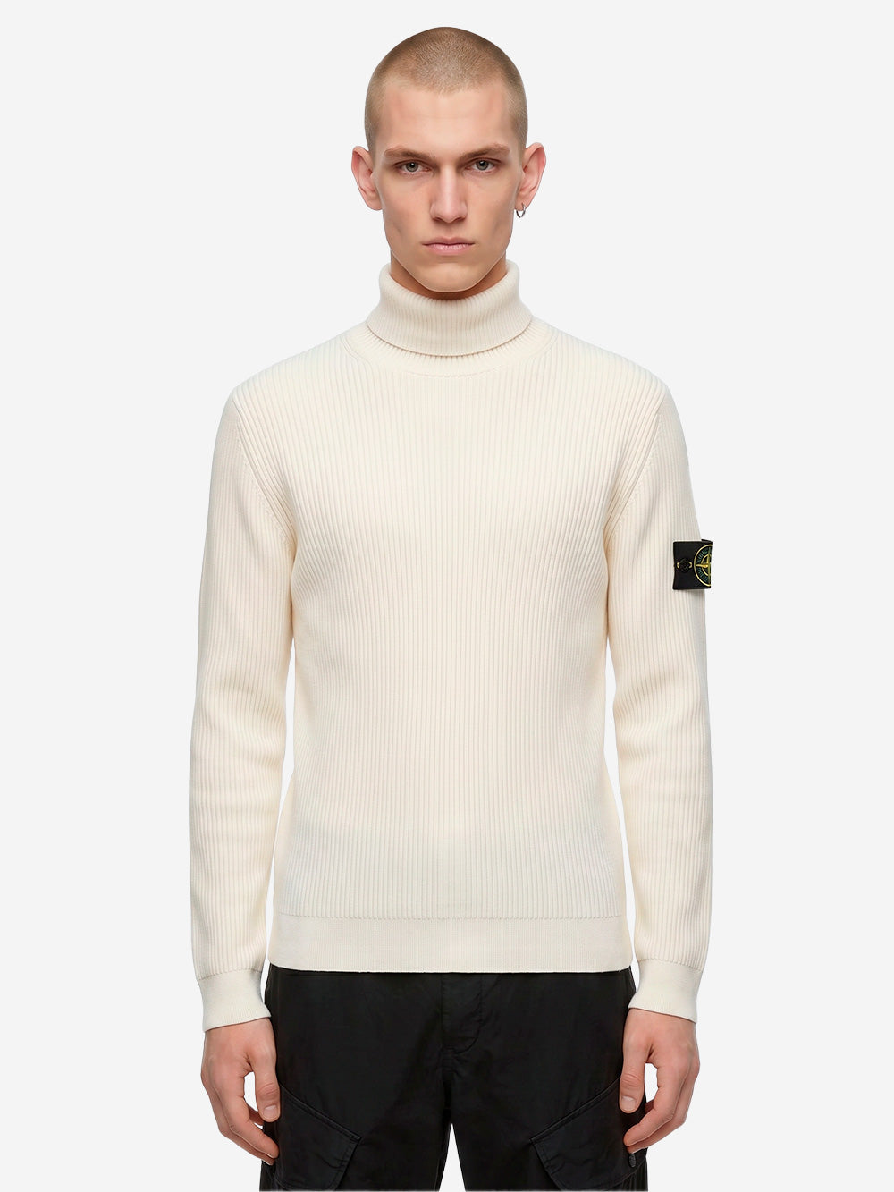 STONE ISLAND Maglione dolcevita avorio in lana con costine sottili Panna Urbanstaroma