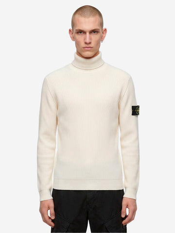STONE ISLAND Maglione dolcevita avorio in lana con costine sottili Panna