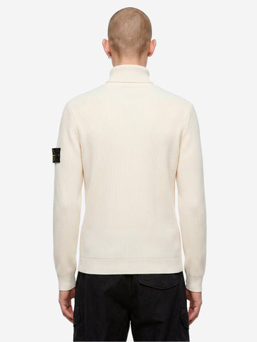 STONE ISLAND Maglione dolcevita avorio in lana con costine sottili Panna