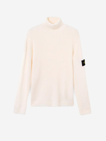 STONE ISLAND Maglione dolcevita avorio in lana con costine sottili Panna