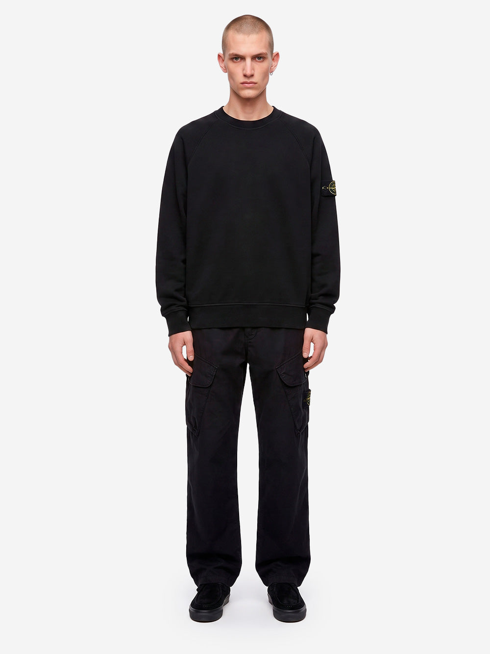 STONE ISLAND Felpa girocollo oversize in cotone fleece nera con badge Nero Urbanstaroma