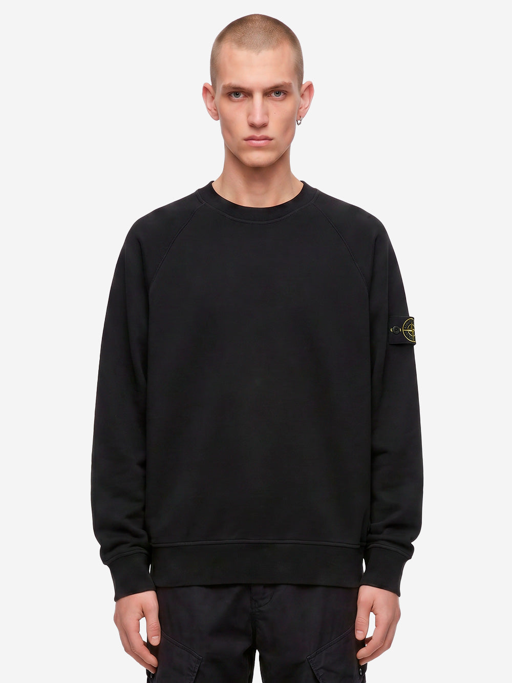 STONE ISLAND Felpa girocollo oversize in cotone fleece nera con badge Nero Urbanstaroma