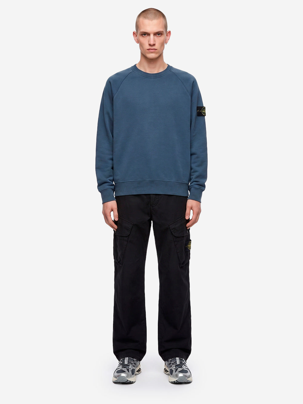STONE ISLAND Felpa girocollo oversize in cotone fleece blu con badge Blu Urbanstaroma