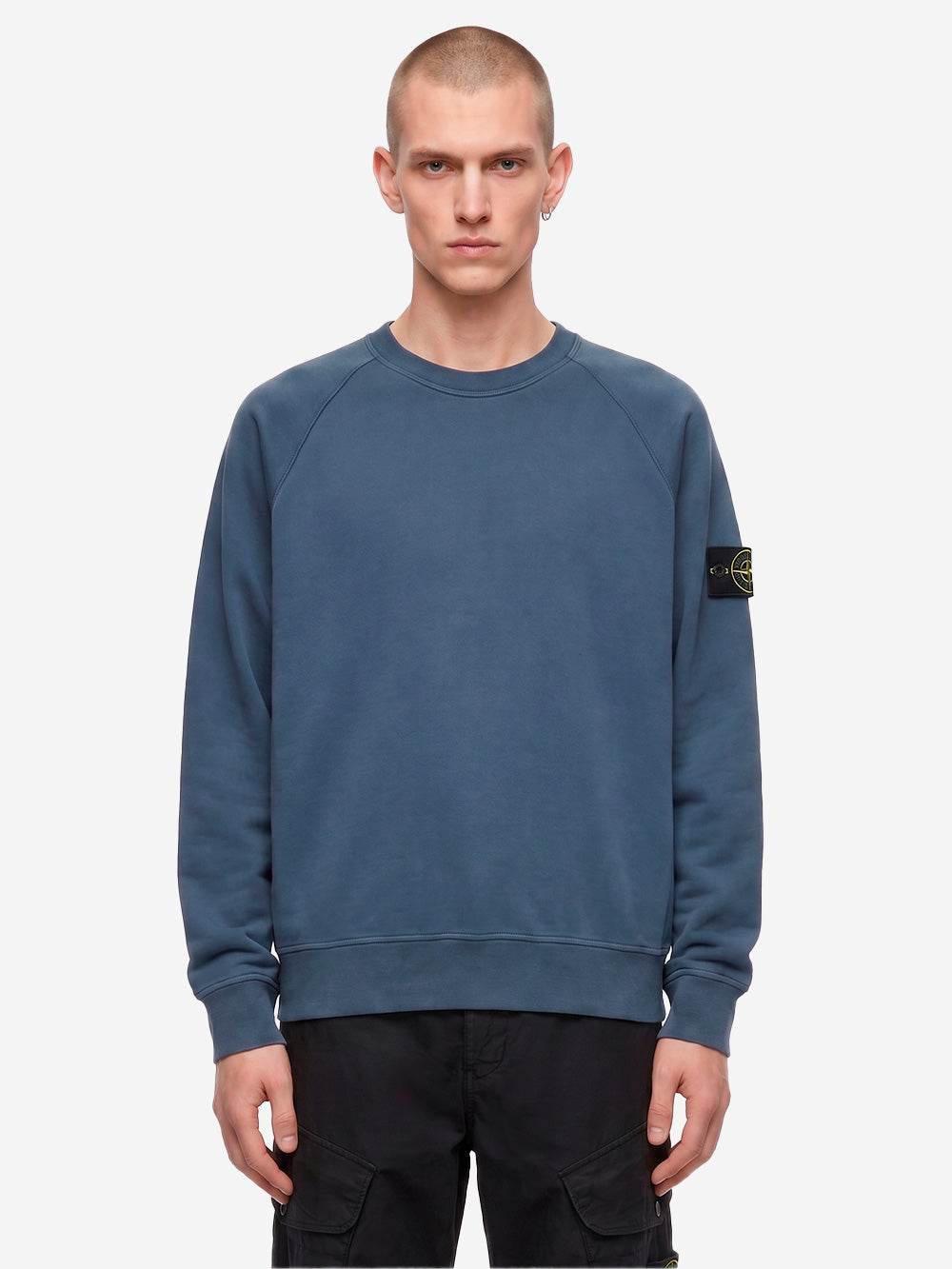 STONE ISLAND Felpa girocollo oversize in cotone fleece blu con badge Blu Urbanstaroma