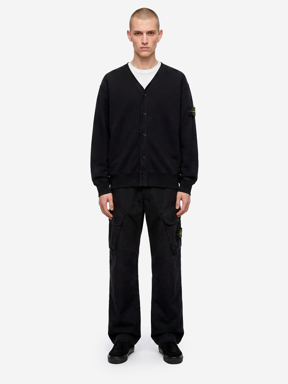 STONE ISLAND Felpa cardigan in pile di cotone con badge e scollo a V Nero Urbanstaroma