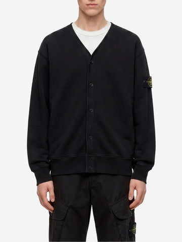 STONE ISLAND Felpa cardigan in pile di cotone con badge e scollo a V Nero