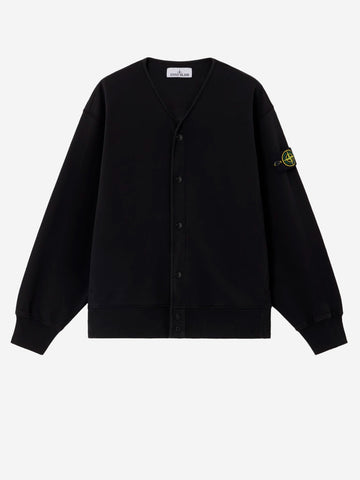 STONE ISLAND Felpa cardigan in pile di cotone con badge e scollo a V Nero
