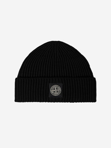 STONE ISLAND Beanie nero in lana Geelong a costine con badge Nero