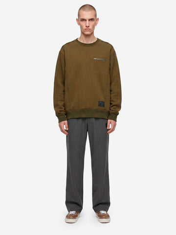 UNDERCOVER Felpa girocollo raw-cut khaki con tasca con zip verde