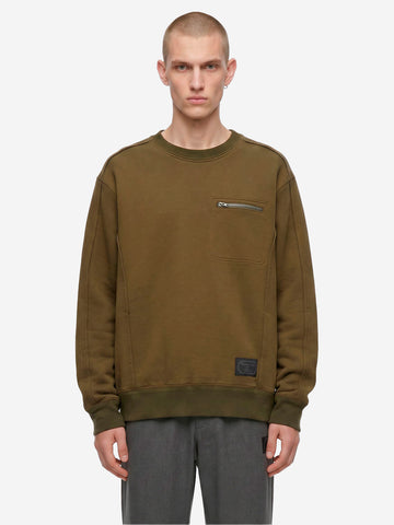 UNDERCOVER Felpa girocollo raw-cut khaki con tasca con zip verde