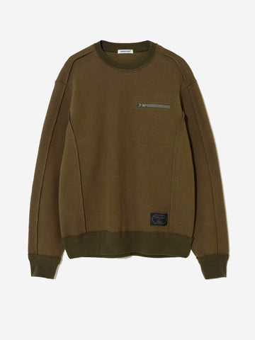 UNDERCOVER Felpa girocollo raw-cut khaki con tasca con zip verde