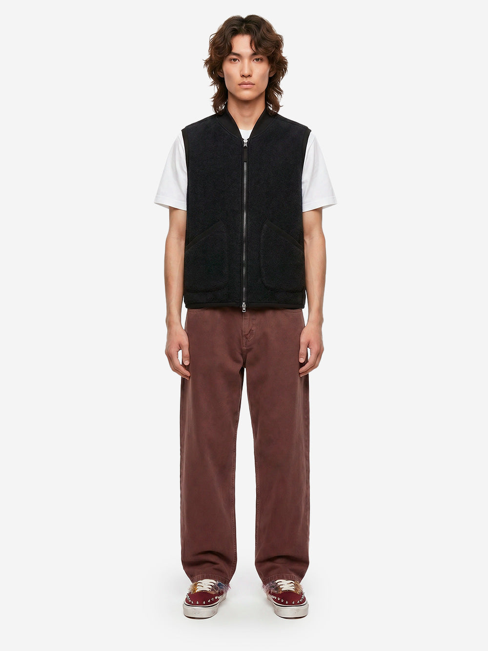 UNIVERSAL WORKS Gilet nero in fleece di lana con zip Nero Urbanstaroma