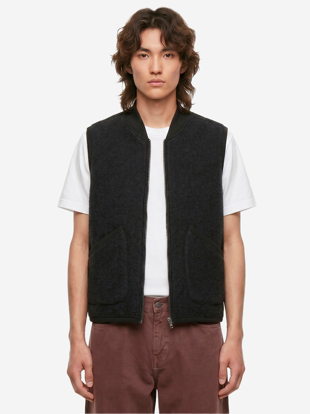 UNIVERSAL WORKS Gilet nero in fleece di lana con zip Nero Urbanstaroma