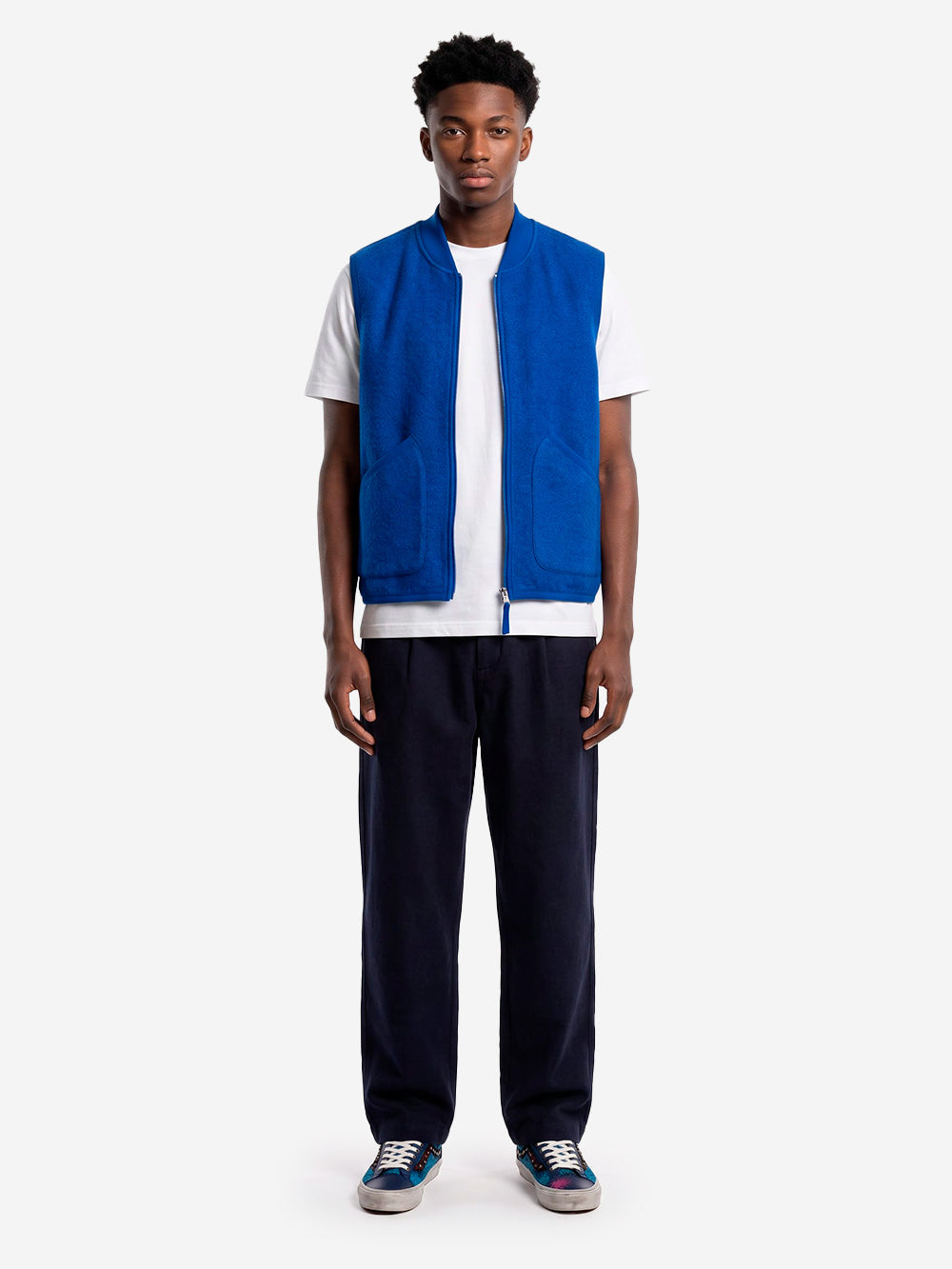 UNIVERSAL WORKS Gilet blu in fleece di lana con zip Blu Urbanstaroma