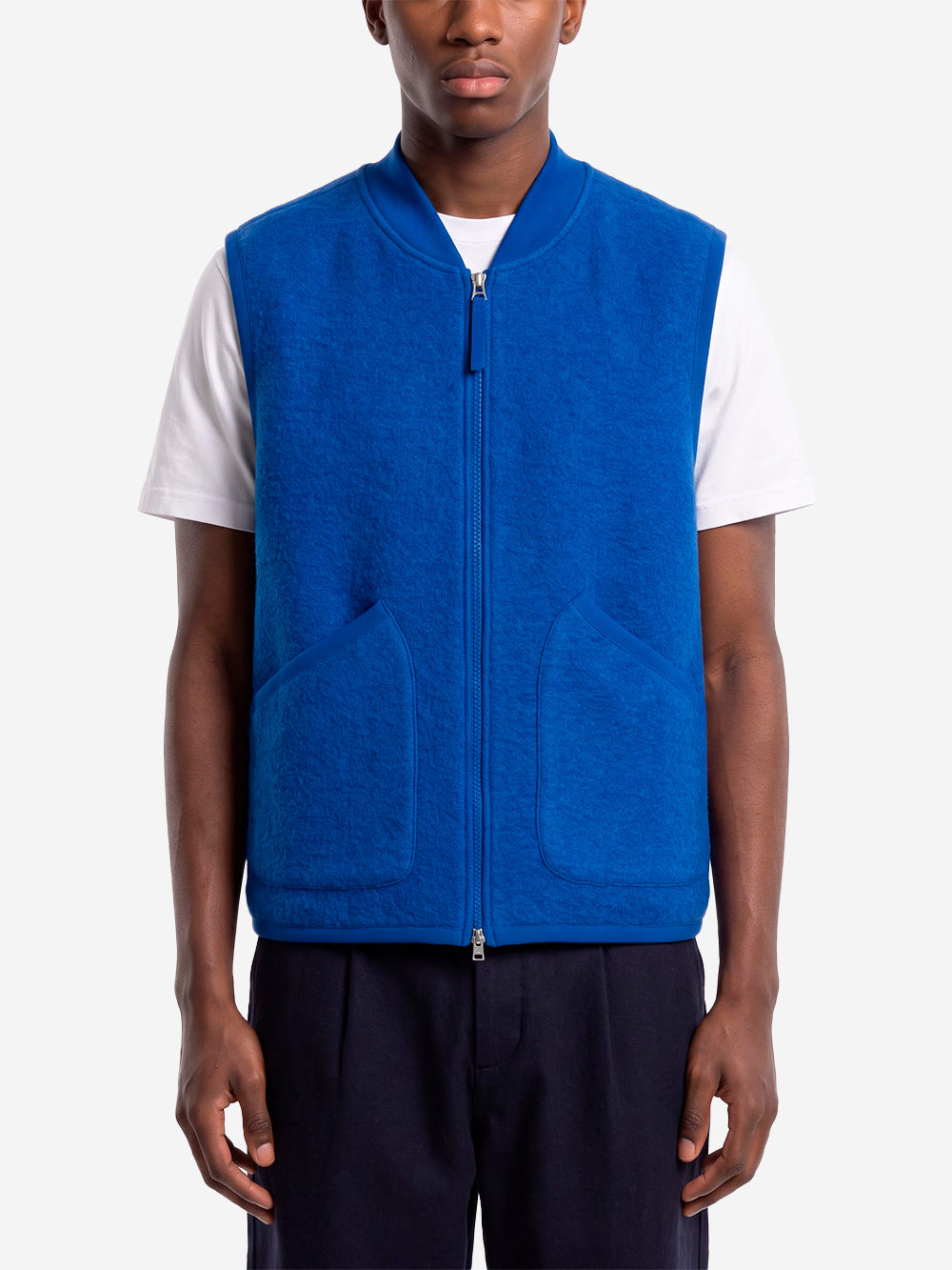 UNIVERSAL WORKS Gilet blu in fleece di lana con zip Blu Urbanstaroma