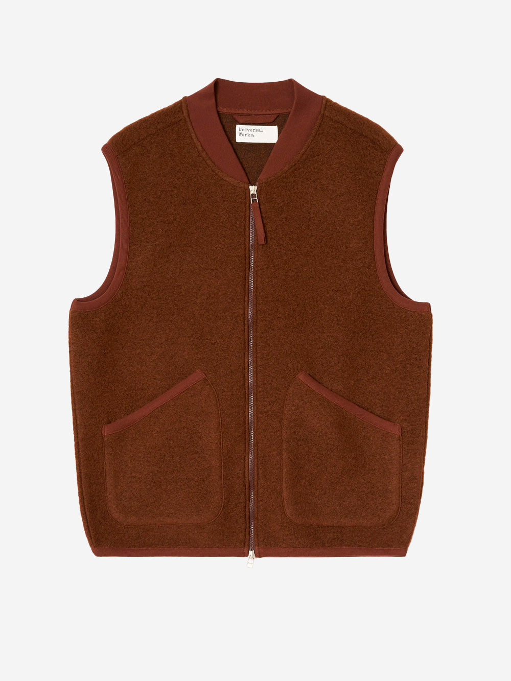 UNIVERSAL WORKS Gilet marrone in fleece di lana con zip Marrone scuro Urbanstaroma