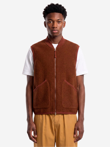 UNIVERSAL WORKS Gilet marrone in fleece di lana con zip Marrone scuro