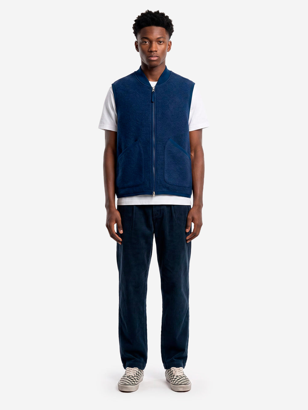 UNIVERSAL WORKS Gilet indigo in fleece di lana con zip Indigo Urbanstaroma