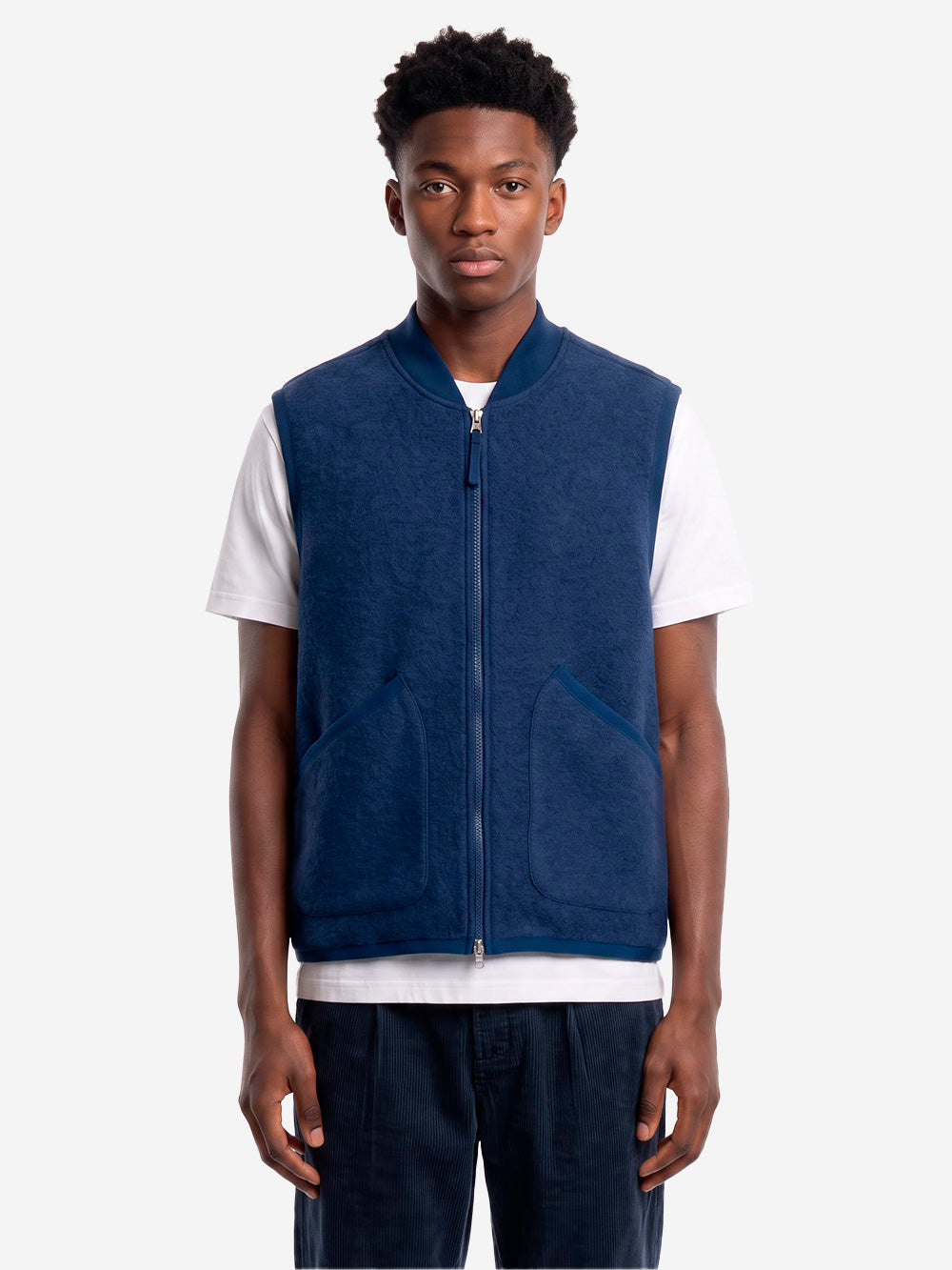 UNIVERSAL WORKS Gilet indigo in fleece di lana con zip Indigo Urbanstaroma