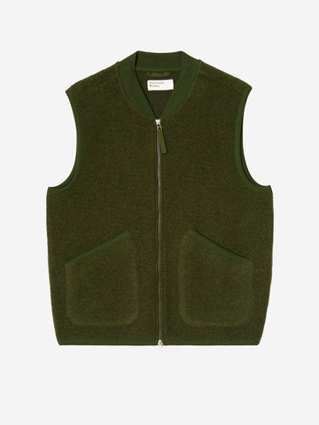 UNIVERSAL WORKS Gilet oliva in fleece di lana con zip Verde Oliva