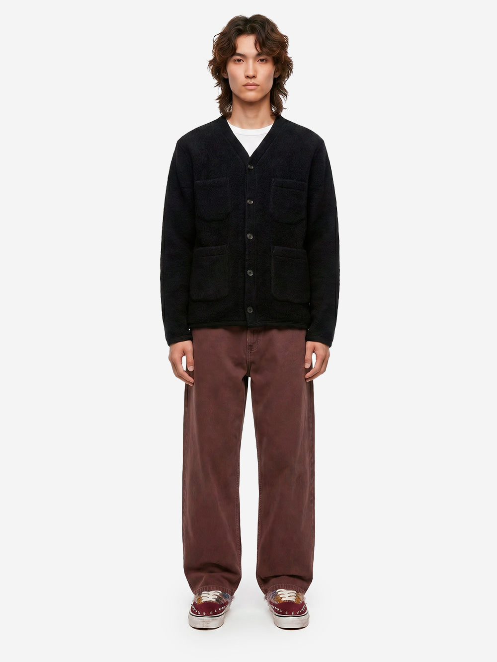 UNIVERSAL WORKS Cardigan nero in fleece di lana con tasche applicate Nero Urbanstaroma