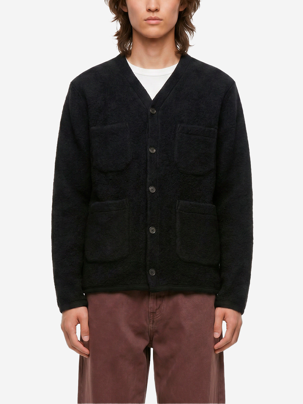 UNIVERSAL WORKS Cardigan nero in fleece di lana con tasche applicate Nero Urbanstaroma