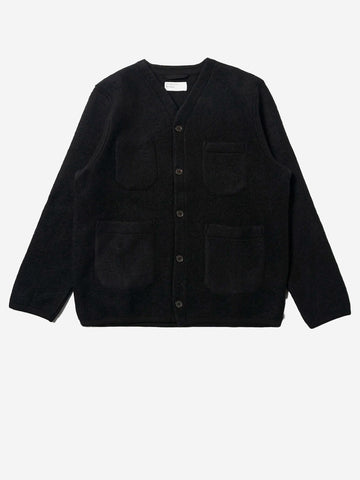 UNIVERSAL WORKS Cardigan nero in fleece di lana con tasche applicate Nero