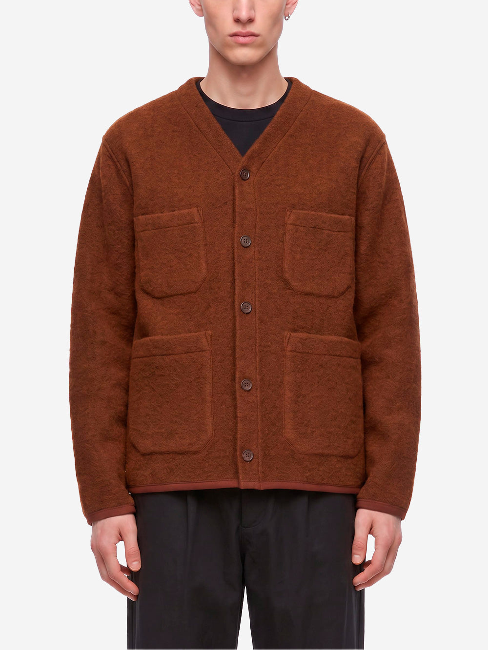 UNIVERSAL WORKS Cardigan marrone in fleece di lana con tasche applicate Marrone scuro Urbanstaroma