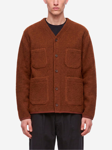 UNIVERSAL WORKS Cardigan marrone in fleece di lana con tasche applicate Marrone scuro