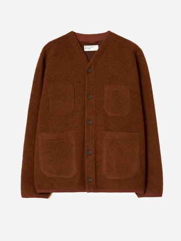 UNIVERSAL WORKS Cardigan marrone in fleece di lana con tasche applicate Marrone scuro