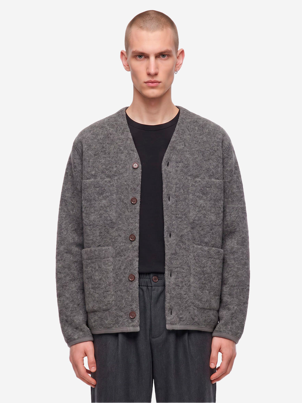 UNIVERSAL WORKS Cardigan grigio in fleece di lana con tasche applicate Grigio Urbanstaroma