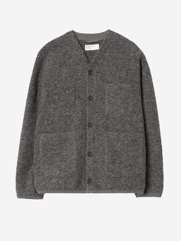UNIVERSAL WORKS Cardigan grigio in fleece di lana con tasche applicate Grigio