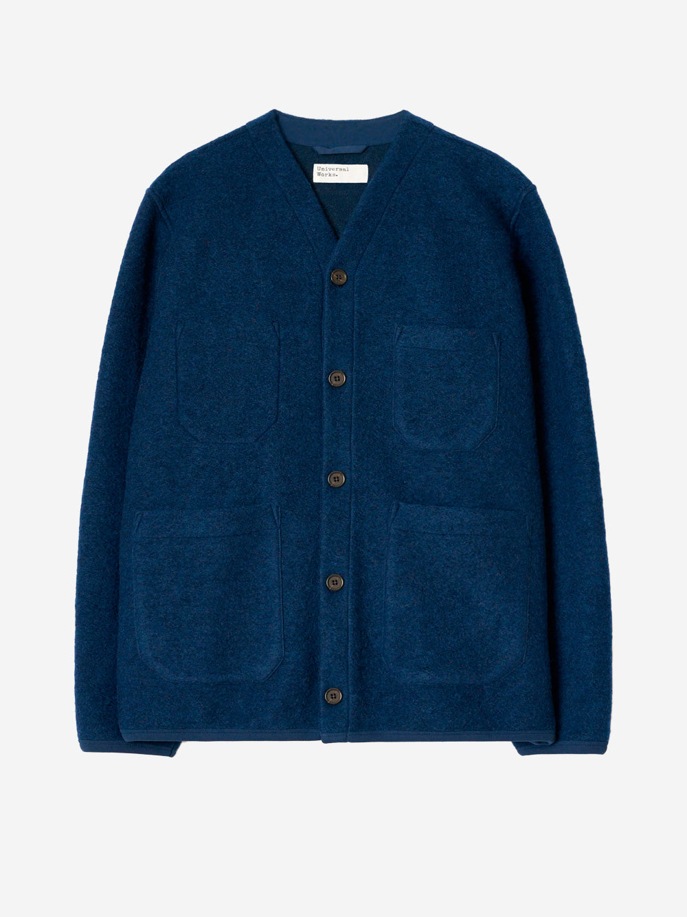 UNIVERSAL WORKS Cardigan indigo in fleece di lana con tasche applicate Blu Urbanstaroma