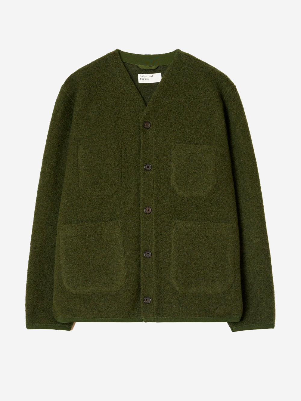 UNIVERSAL WORKS Cardigan verde in fleece di lana con tasche applicate Verde Oliva Urbanstaroma