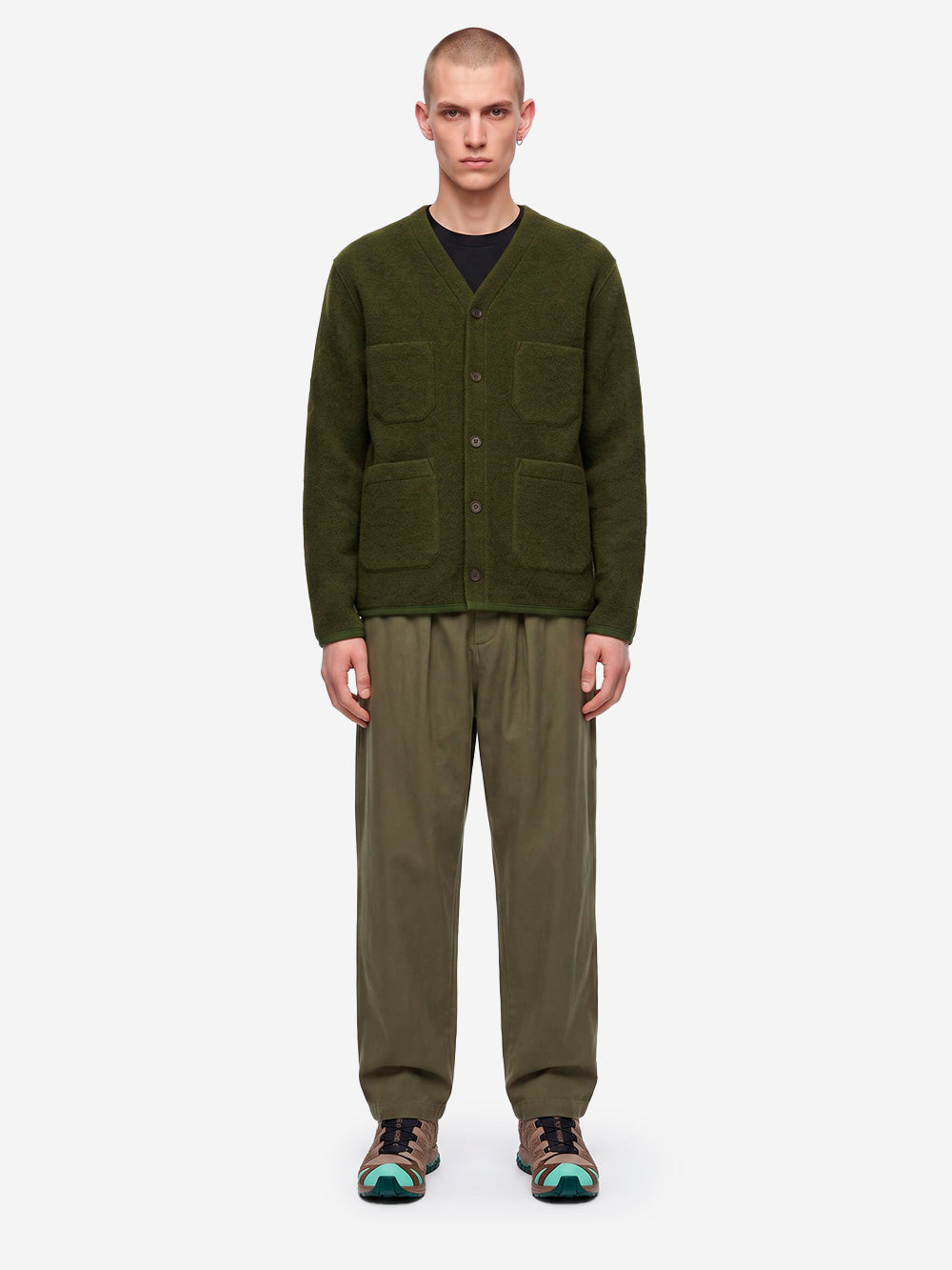 UNIVERSAL WORKS Cardigan verde in fleece di lana con tasche applicate Verde Oliva Urbanstaroma