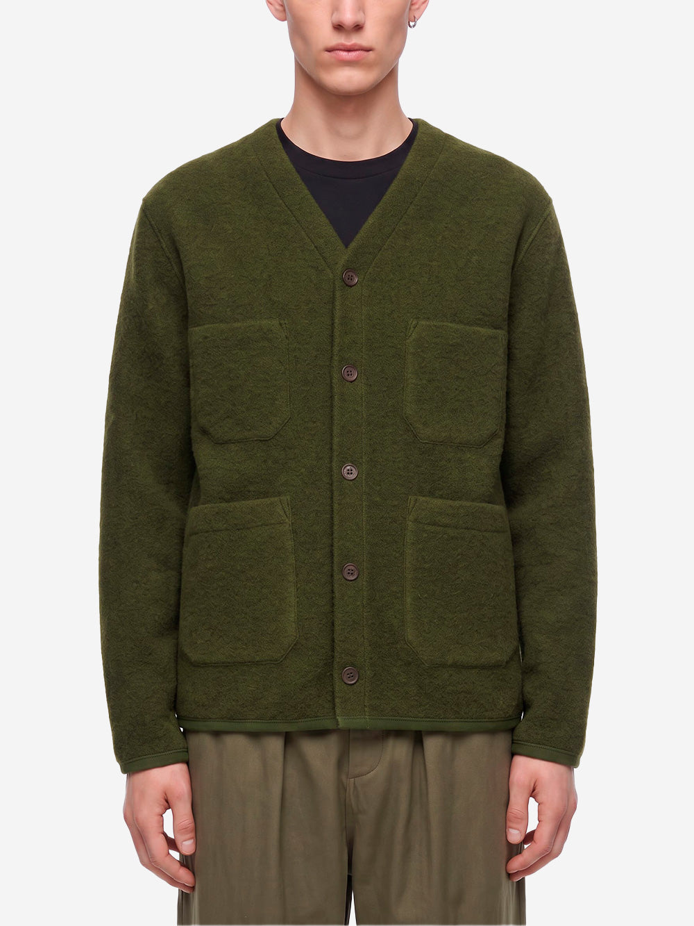 UNIVERSAL WORKS Cardigan verde in fleece di lana con tasche applicate Verde Oliva Urbanstaroma