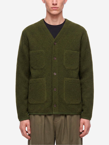 UNIVERSAL WORKS Cardigan verde in fleece di lana con tasche applicate Verde Oliva