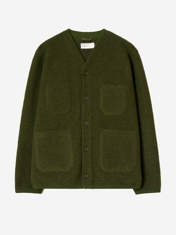 UNIVERSAL WORKS Cardigan verde in fleece di lana con tasche applicate Verde Oliva