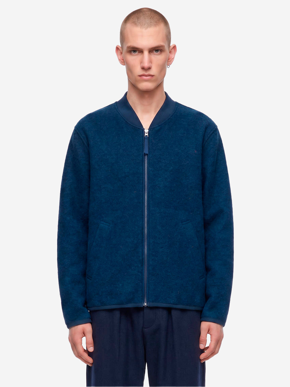 UNIVERSAL WORKS Bomber blu indigo in lana con zip Celeste Urbanstaroma