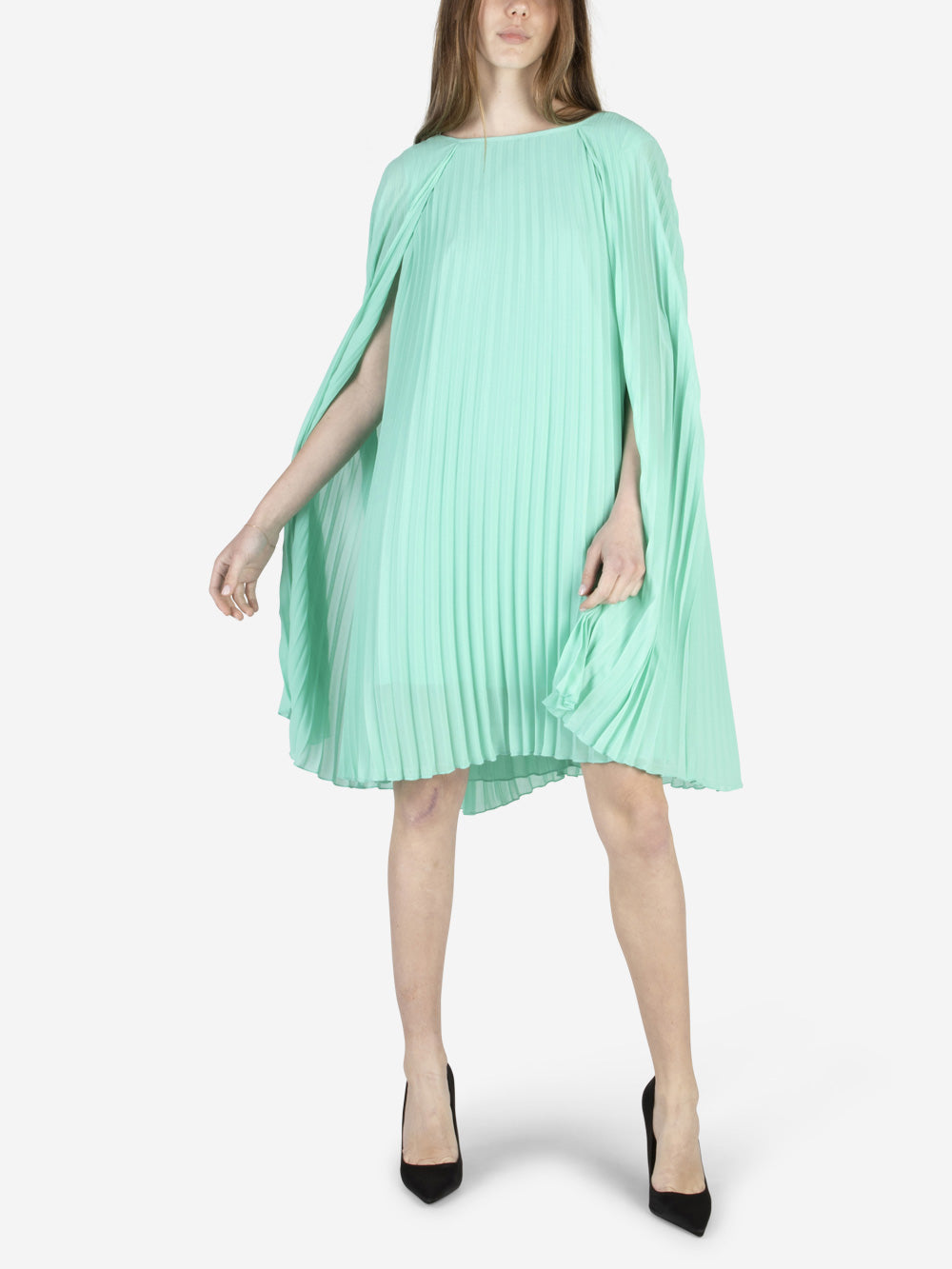 ESSENTIEL ANTWERP-38 FR-Pleated mini dress with cape-Green-Women ESSENTIEL ANTWERP-38 FR-Pleated mini dress with cape-Green-Women