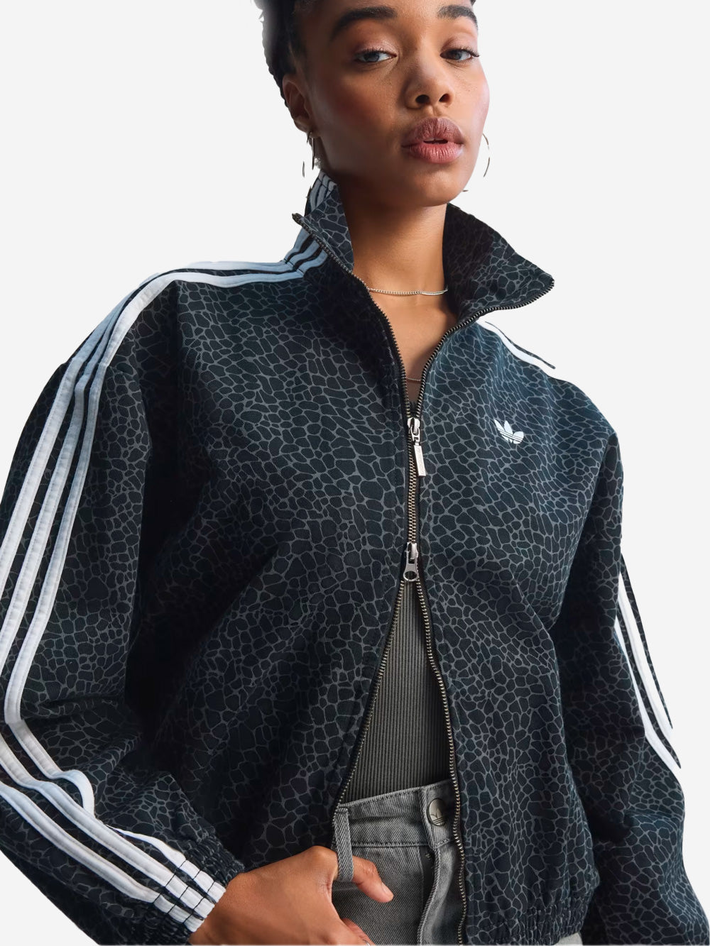ADIDAS Firebird oversized denim jacket with black animal graphics