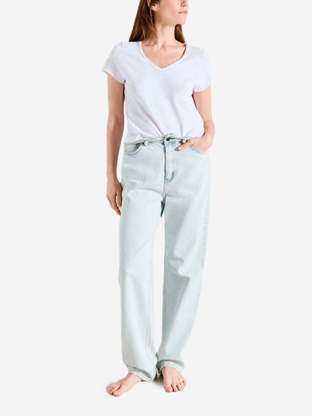 AMERICAN VINTAGE T-shirt dritta bianca con scollo a V in cotone fiammato Bianco Urbanstaroma